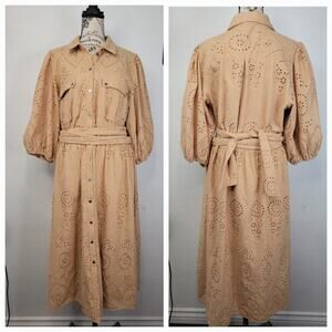Witchery Maxi Dress Womens Sz 14 Eyelet Button Up Belted 3/4 Sleeves Cottagecore